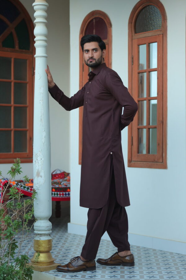 Elegant Wine Red Shalwar Kameez with Matte Golden Accents