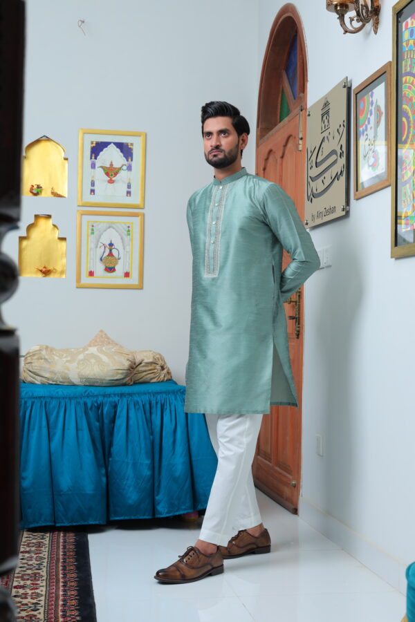 Green Embroidered Silk Kurta - Image 2