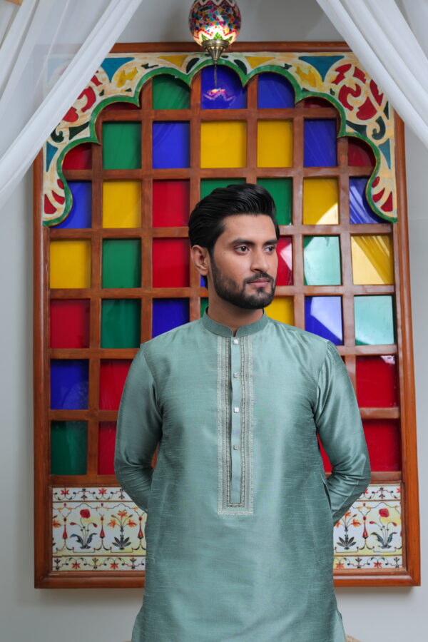 Green Embroidered Silk Kurta - Image 3
