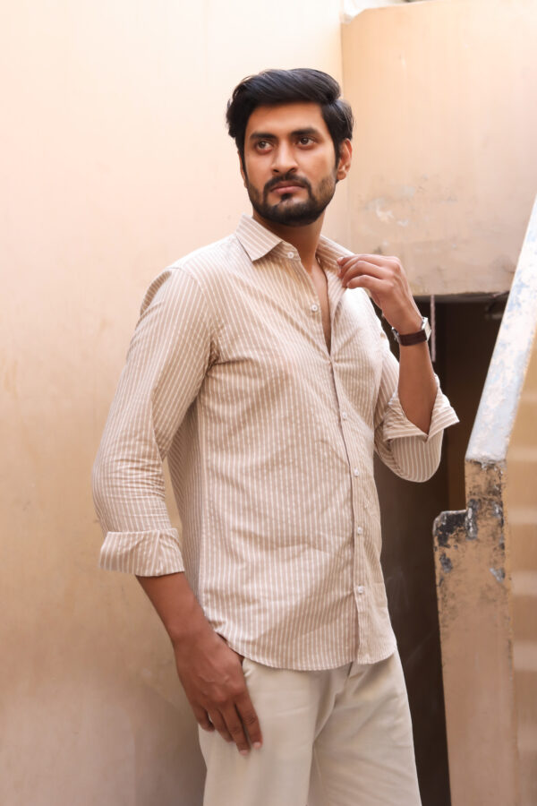 Beige Pinstripe Full Sleeves  Shirt - Image 3