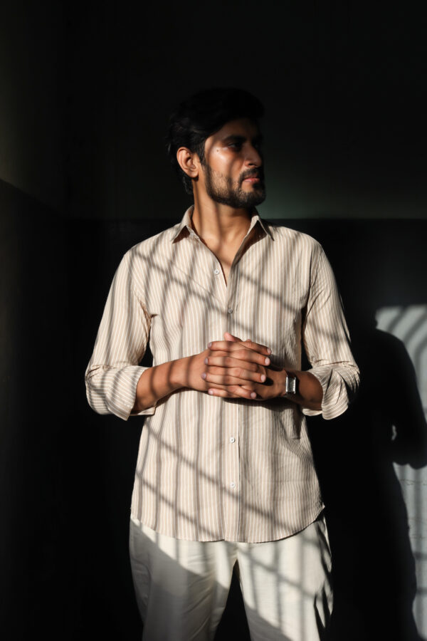 Beige Pinstripe Full Sleeves  Shirt - Image 4