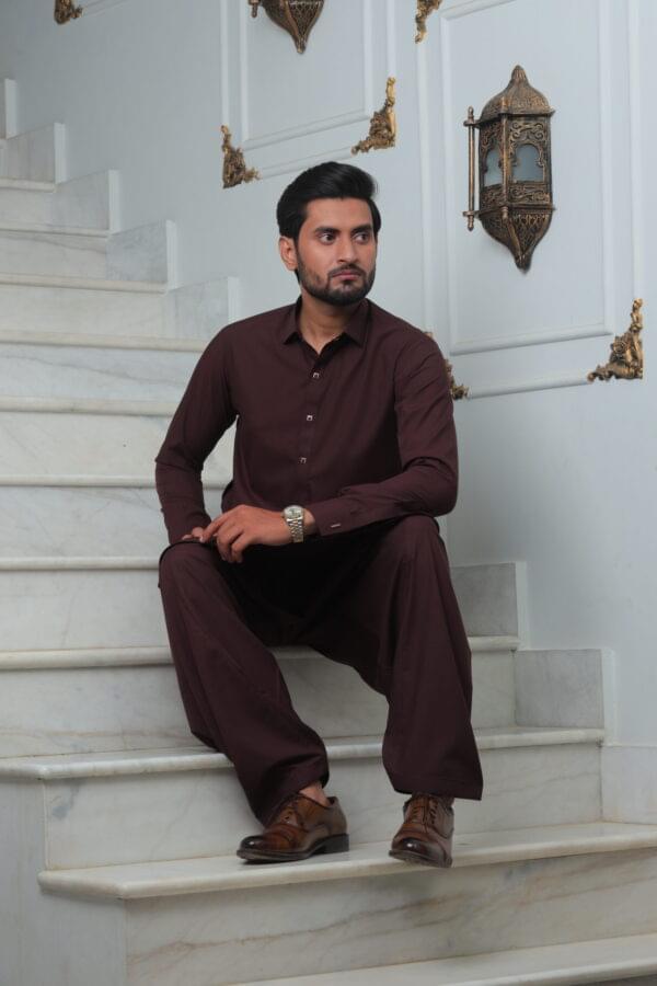 Elegant Wine Red Shalwar Kameez with Matte Golden Accents - Image 6