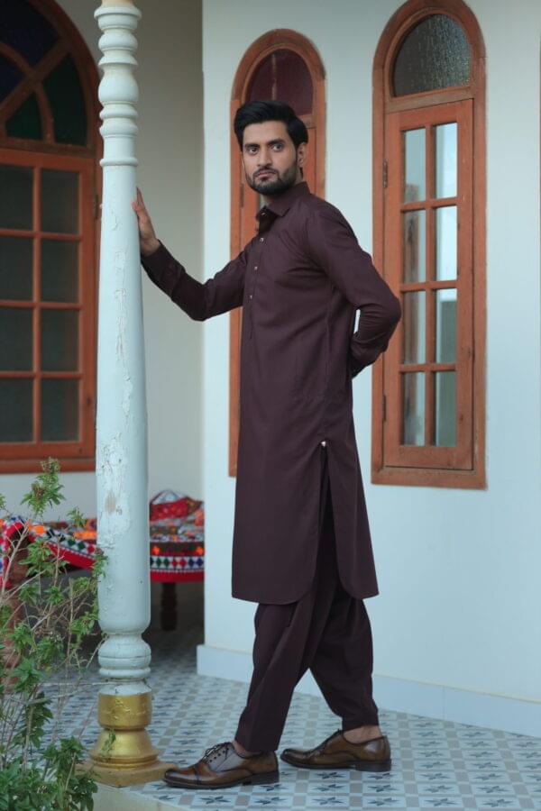 Elegant Wine Red Shalwar Kameez with Matte Golden Accents